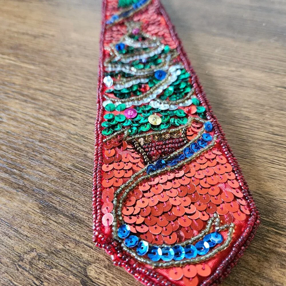 Vintage 90s Christmas Tree Ugly Sweater Party Sequin‎ Embellished Neck Tie